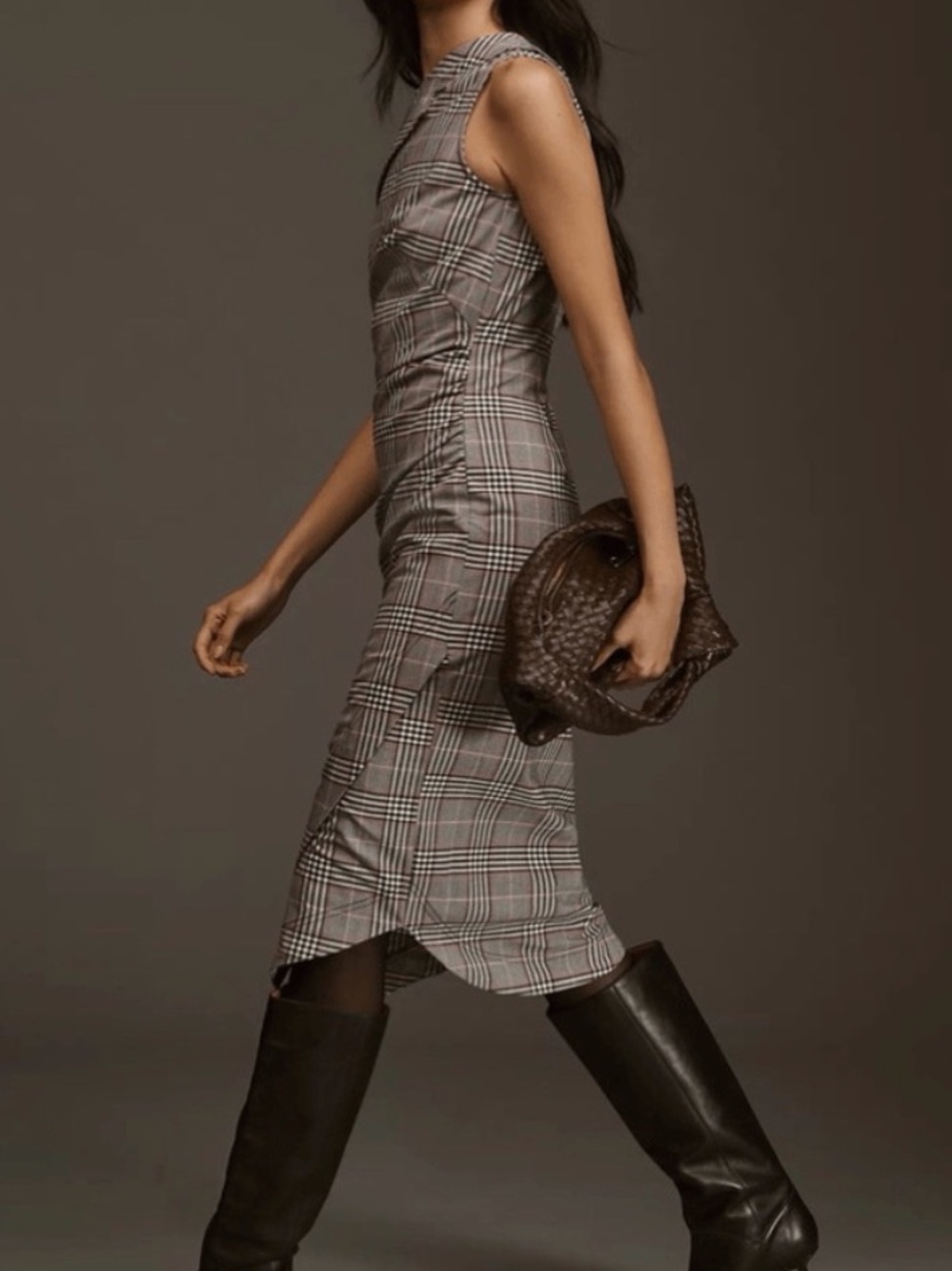 Anthropologie One-Shoulder Plaid Sheath Dress in Gray and Black - Picture 2 of 6